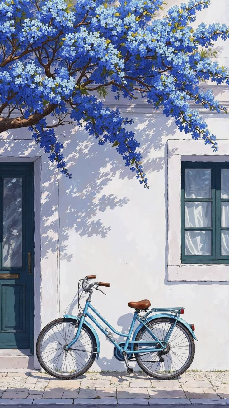 Blue bicycle under flowers sample image