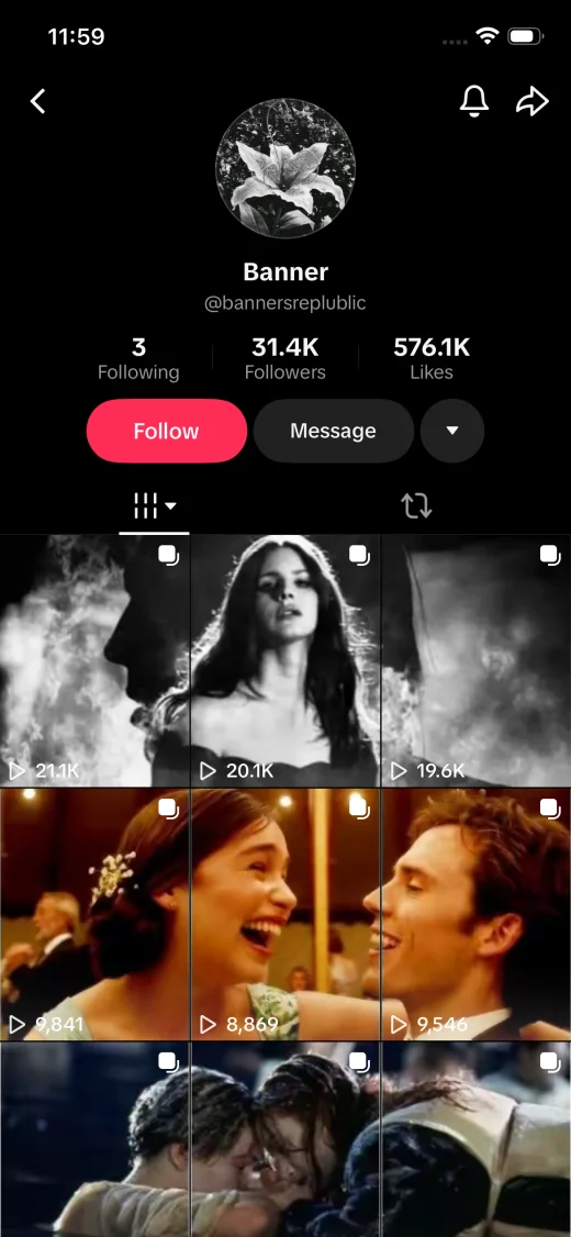Cinematic TikTok profile grid made with an image splitter