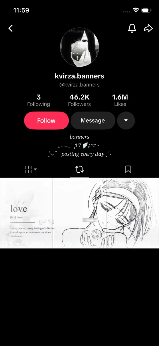 Black and white TikTok repost banner profile with love artwork