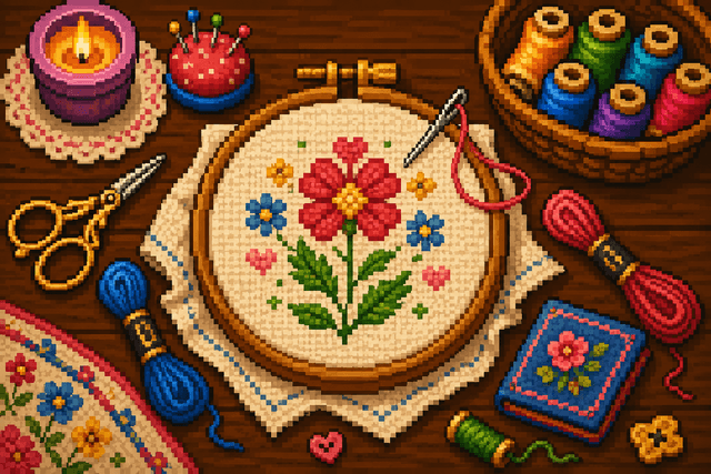 Pixel art cross-stitch craft scene illustration
