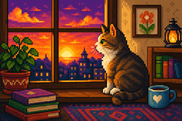 Pixel art cozy room scene illustration