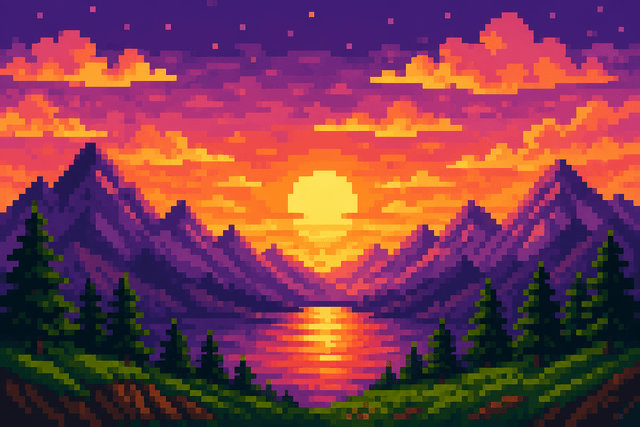 Pixel art mountain sunset wallpaper illustration
